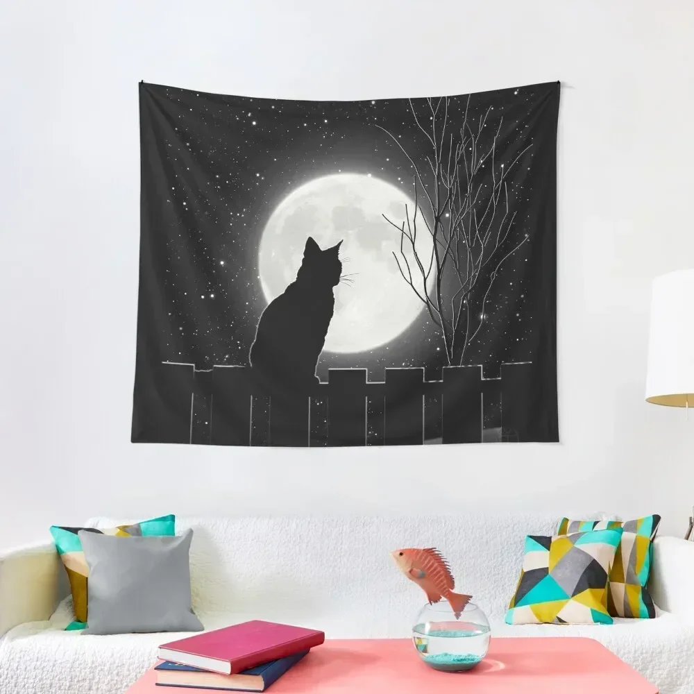 

Silent night Cat looking at the full moon Tapestry Christmas Decoration Wall Hanging Living Room Decoration Tapestry