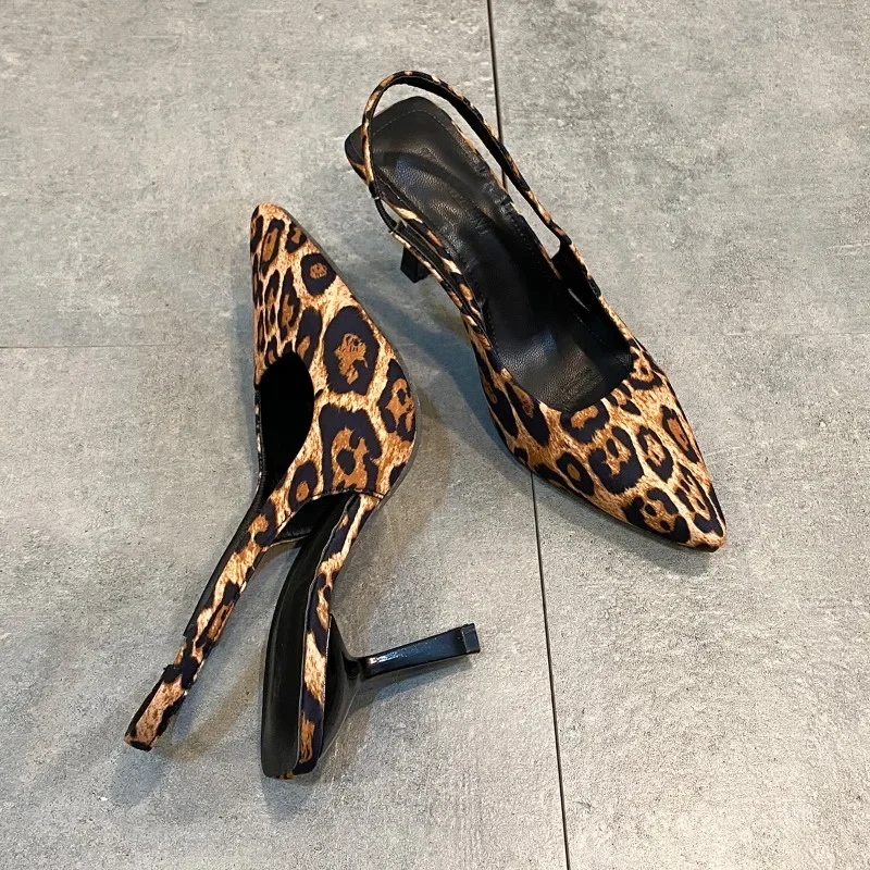 Sexy Pointed Leopard Slingbacks Women Shoes Spring Summer High Heels Temperament French Short Heels Single Shoes Fashion Sandals