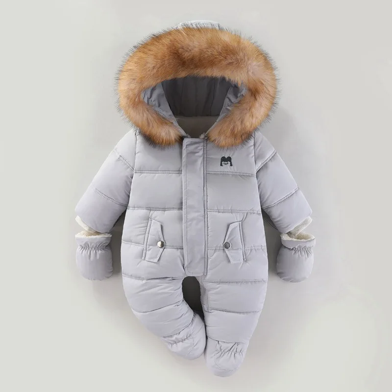 UNIFEMEN New Baby Boys Winter Rompers Fur Collar Thickened Warm Baby Boys Jumpsuit Hooded Cotton Padded Infant Boy Bodysuit