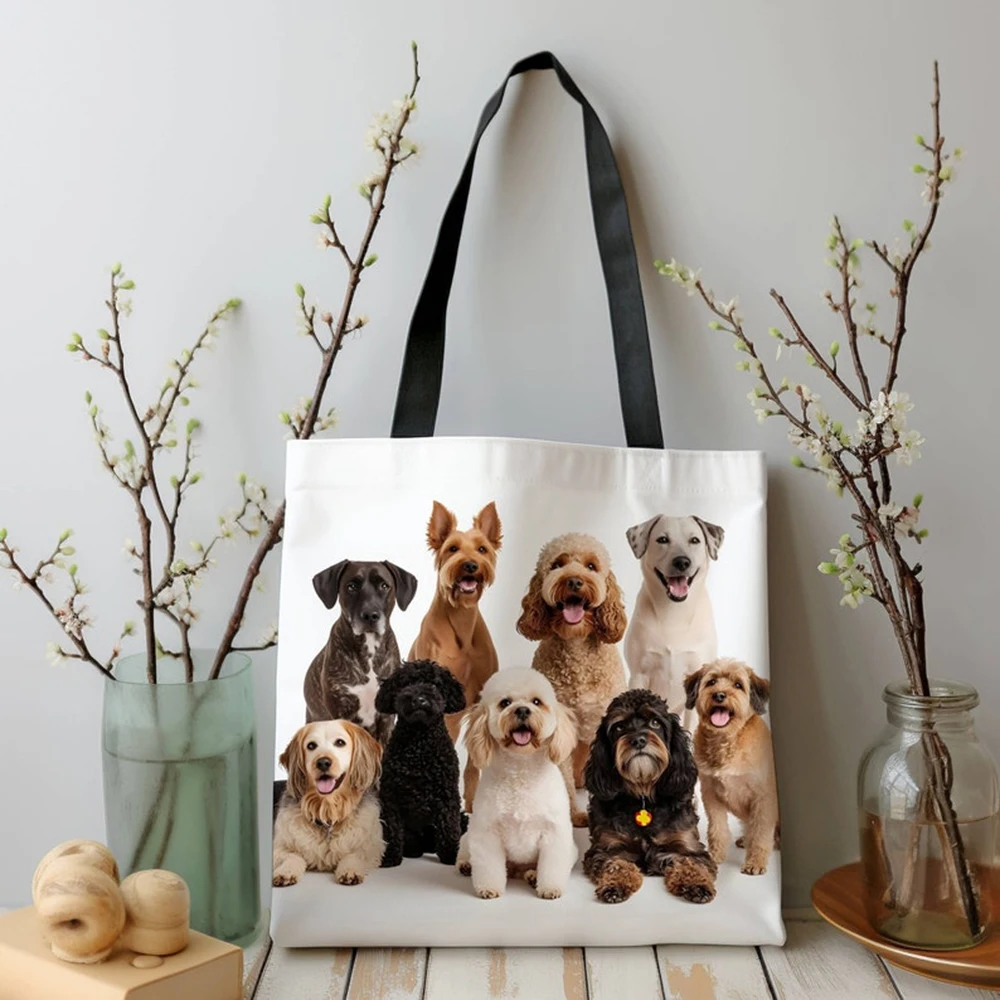 

Blank Canvas Tote Bag For Custom Print Large Capacity Shoulder Bag Dog Lover Gift Reusable Shopping Tote Smiling Dogs Design