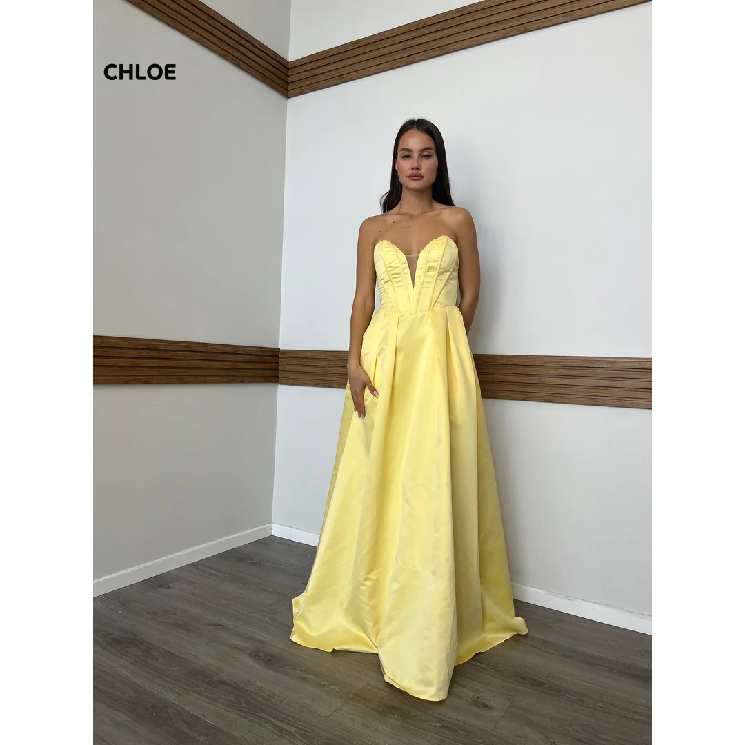 

Line A Elegant Night Dresses for Special Occasions Sleeveless Ball Gown Dress Customized Yellow Satin Formal & Evening Gowns
