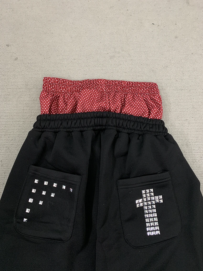 Women Fashionable Black Layered Waist Wide Leg Sweatpants with Red Polka Dot Print Side Letter Graphic & Studded Back Pockets