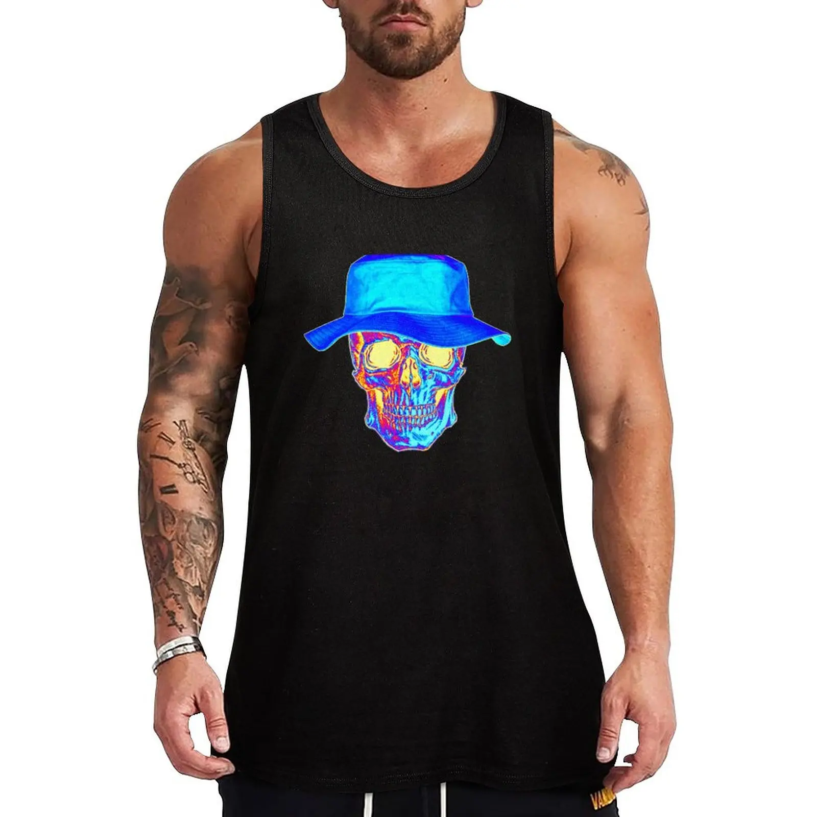 Blue Combustion Skull Tank Top gym shirt man anime gym t-shirts for Men's gym bodybuilding t-shirt