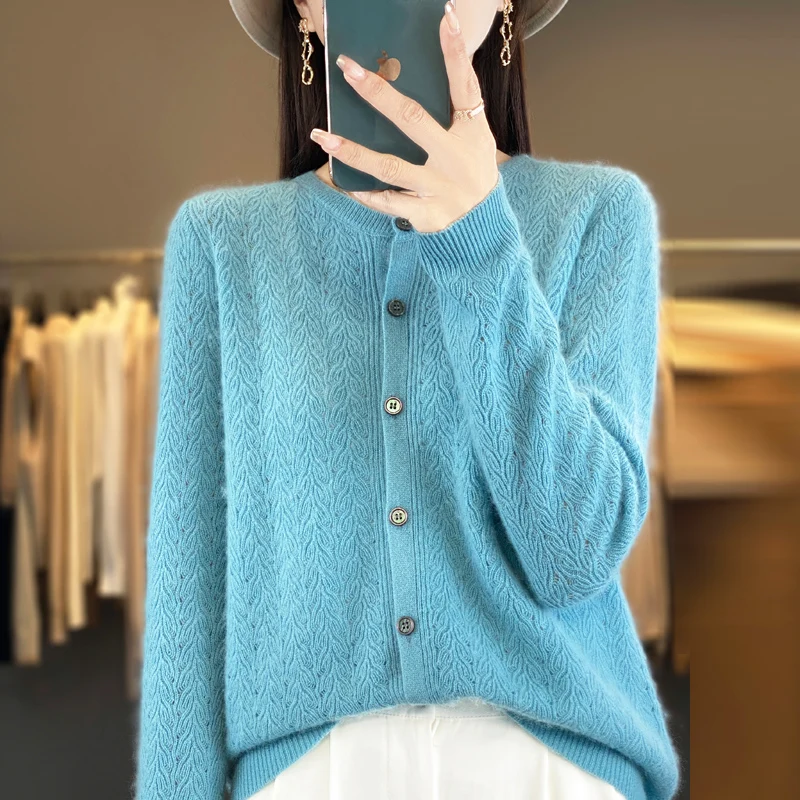 BELIARST 100% Merino Wool Sweater Women\'s Round Neck Phoenix Tail Cardigan Spring and Autumn New Thin Knit Bottom Sweater Top