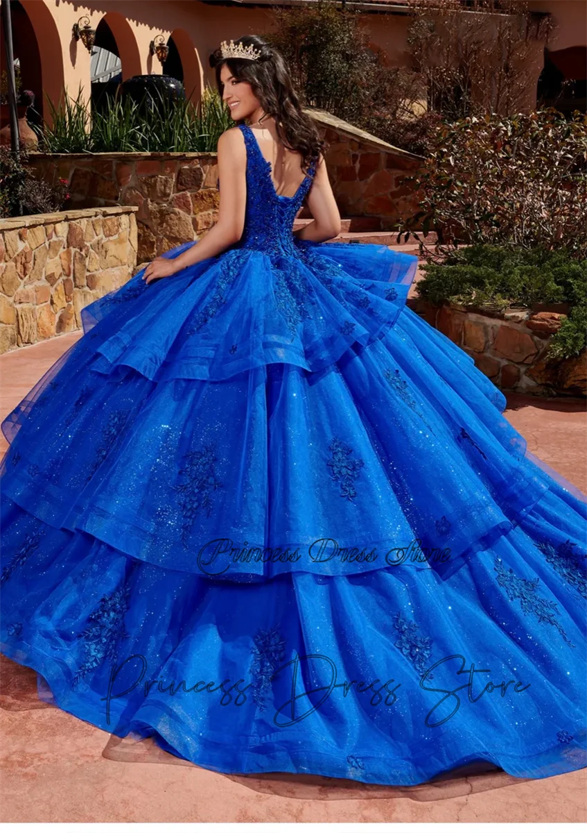 Vestido de quinceañera de princesa Azul Real, Apliques de encaje, cuentas de cristales, vestido de boda, fiesta de cumpleaños, dulce vestido de baile 16