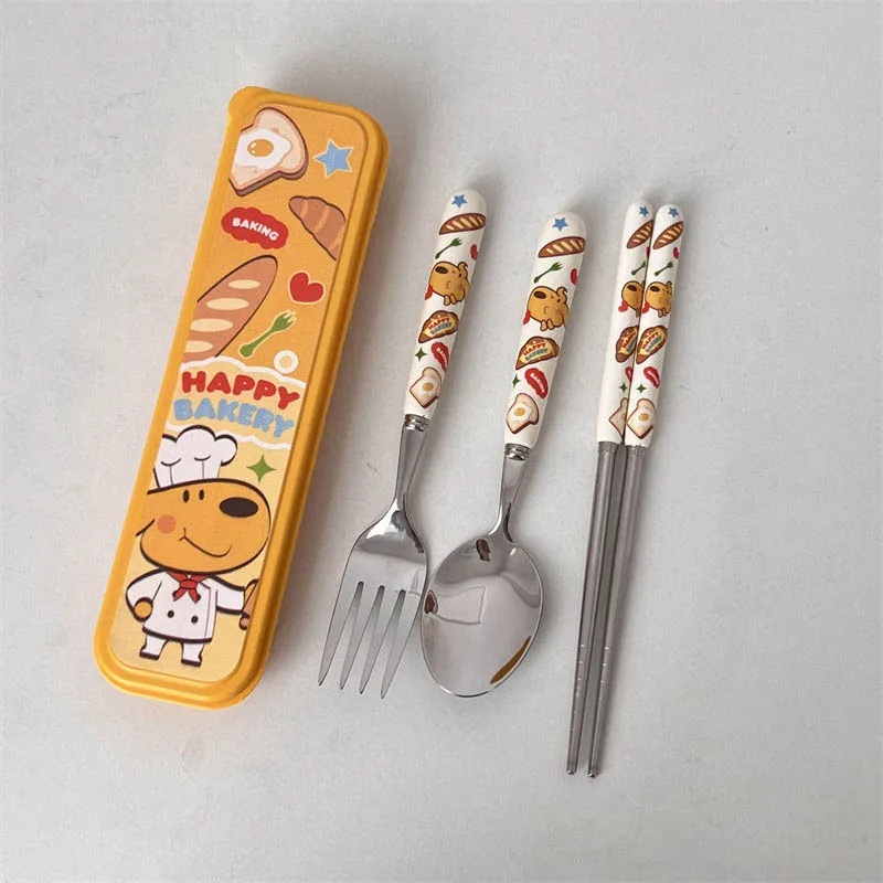 Anpanman Set di stoviglie in acciaio inossidabile Cartoon Kawaii Forks cucchiai Cute Student Portable stoviglie Storage Box regalo per bambini