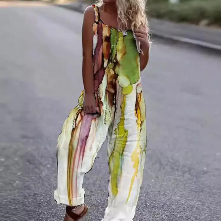 

Women's Cotton Linen Overalls Printed Susp Low Waist Long Pants Summer No Brand Registered Trademark Elastic Waist