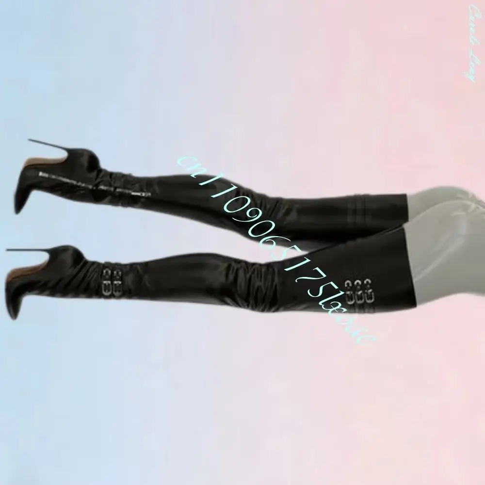 Nachtclub-Party Overknee-Stiefel für Damen, Spitze Zehenpartie, Schwarzes Kunstleder, Dehnbar, Mehrfache Schnallendetails, Reißverschluss, Stiletto-Absatz