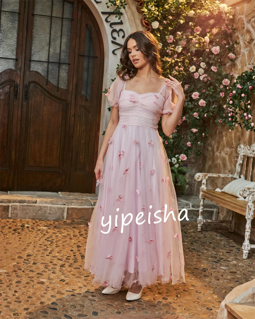 Customized Organza Draped Applique Birthday A-line Square Neck Bespoke Occasion Gown Midi Dresses