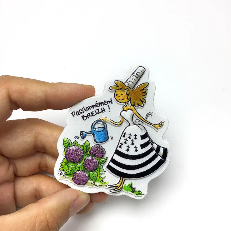 3D Resin Fridge Magnet France Brittany (Breizh) Cartoon Lady & Hydrangea Decor Cute Magnets Home Decor Refrigerator Magnets