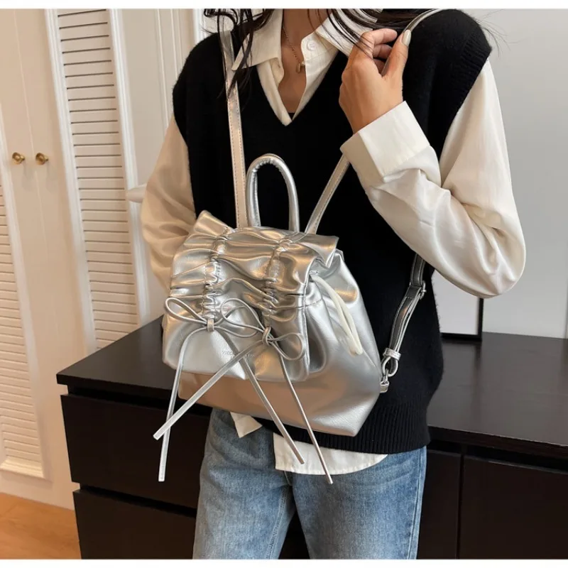 Simple Pu Silver Backpacks School Bag Women Bowknot Casual Chain Drawstring Adjustable Handbag Vintage High Street Backpacks