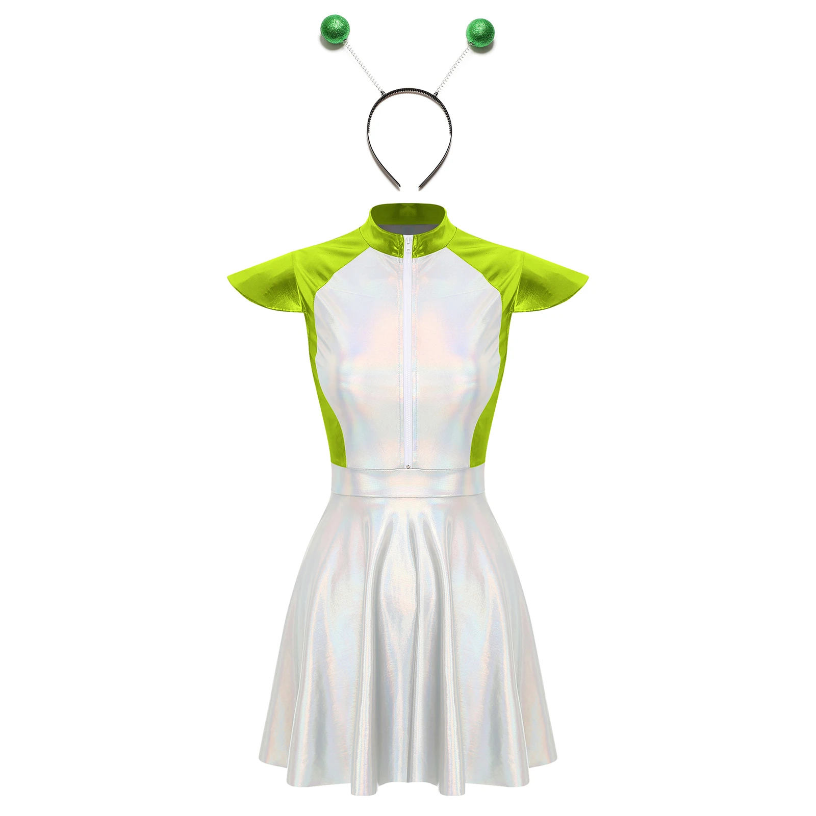 Costume de cosplay extraterrestre pour femme, robe scintillante avec mancherons, cerceau à cheveux, cosplay de l'espace extra-atmosphérique, robe de carnaval, habillage d'Halloween