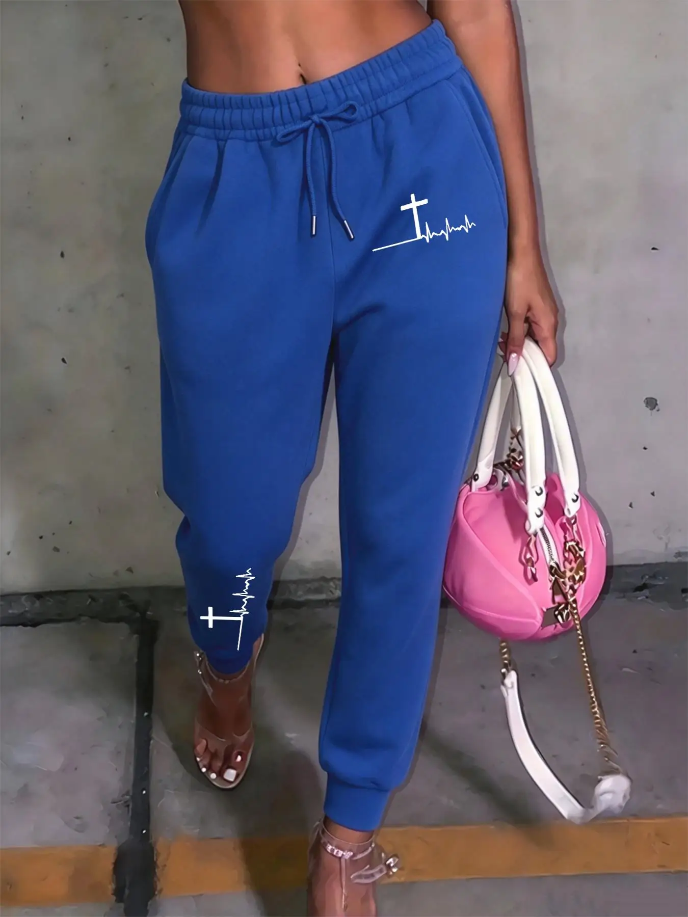 Creative Cross Electrocardiogram Print Women'S Sweatpants Drawstring Pocket Trousers Autumn Clothes Multicolor Jogging Pants