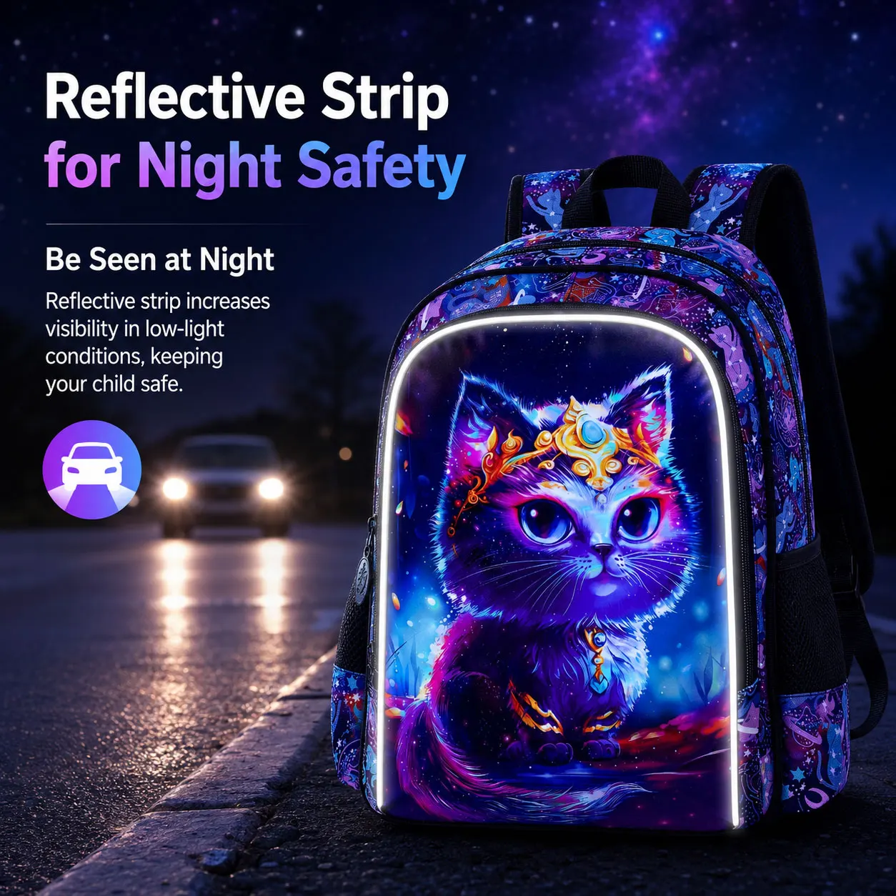 3Pcs 16 Inch UV‑Print Long‑tailed Diamond Cat Backpack Set Cute Cartoon School Travel Bag For Girls Kids