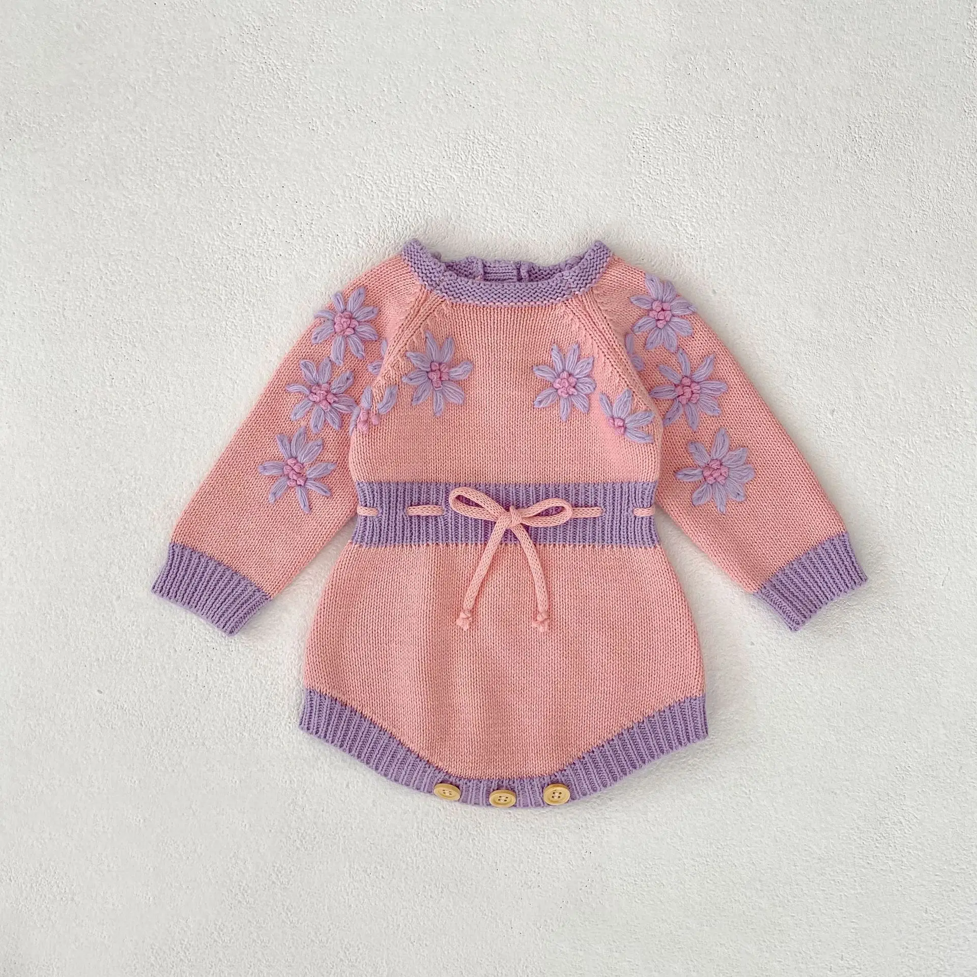 

2025 Autumn Baby Knitted Bodysuits Flower Embroidered Infant Girls One-Piece Clothes Newborn long Sleeve Onesie Toddler Clothes