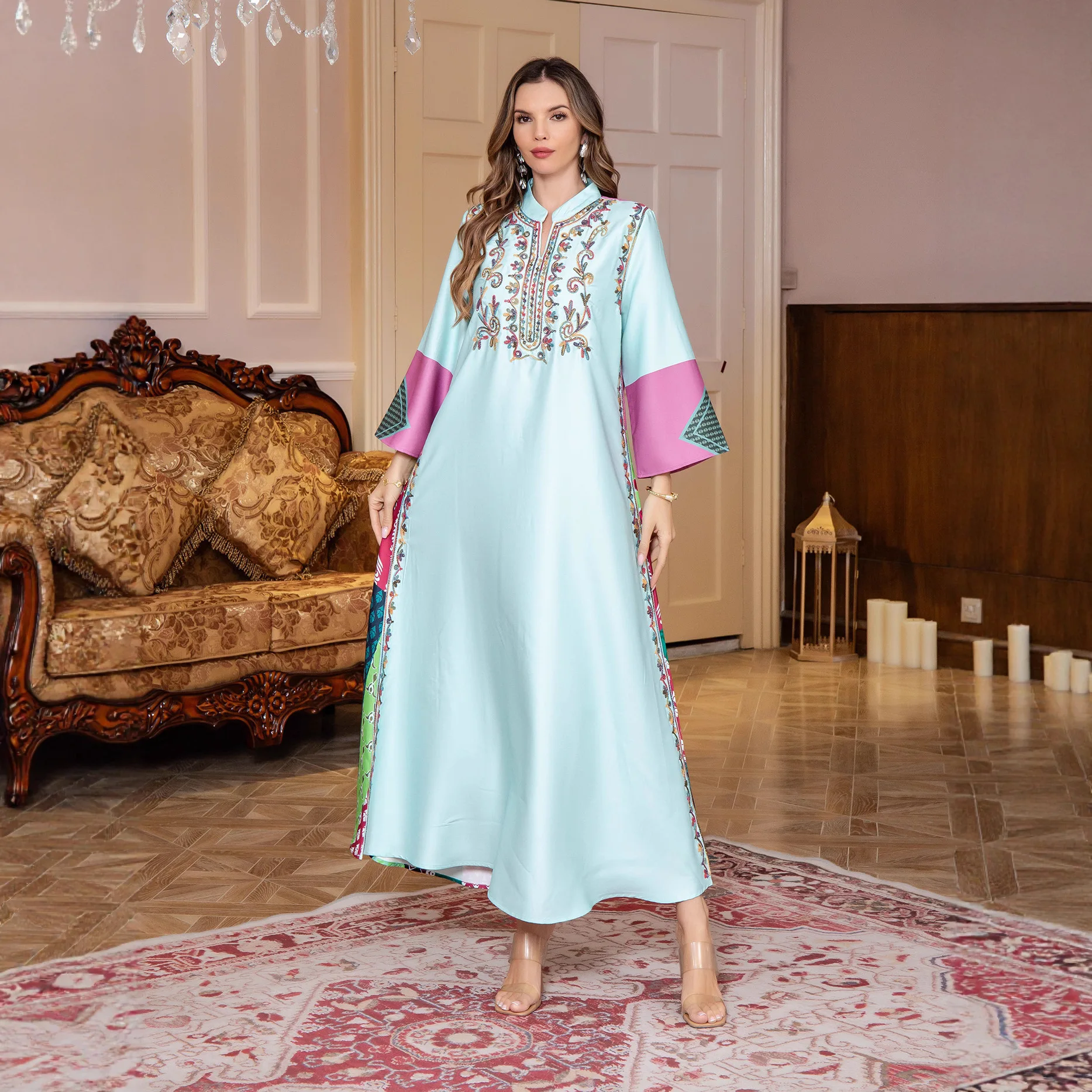 

2025 New Ramadan Middle Eastern Muslim Women Long Robe Dubai Dress Abaya Women's Rope Embroidery Elegant Saudi Arabian Robe