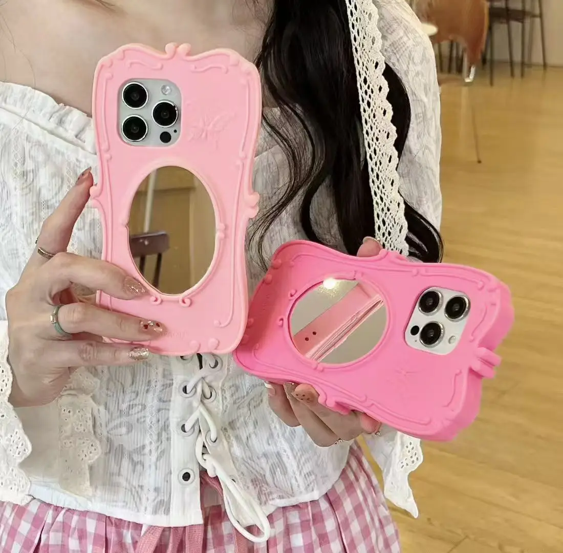 

For iPhone 16 Pro Max 15 14 13 12 Promax 3D Cute Cartoon Soft Silicone Case Phone Back Cover Shockproof Shell with Makeup Mirror