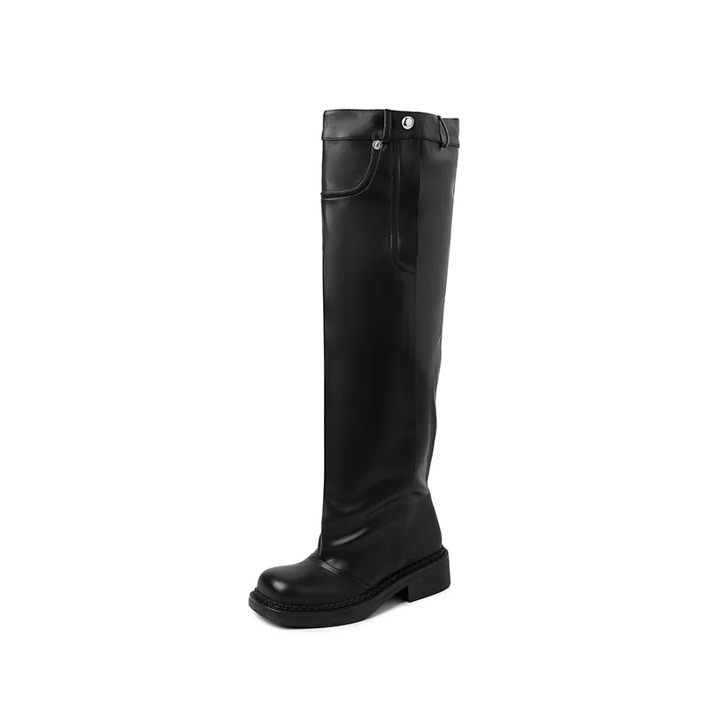 Arden Furtado Microfiber Thigh high boots Round toe Pleated slip-on Middle heel Large tubular boots Large size boots