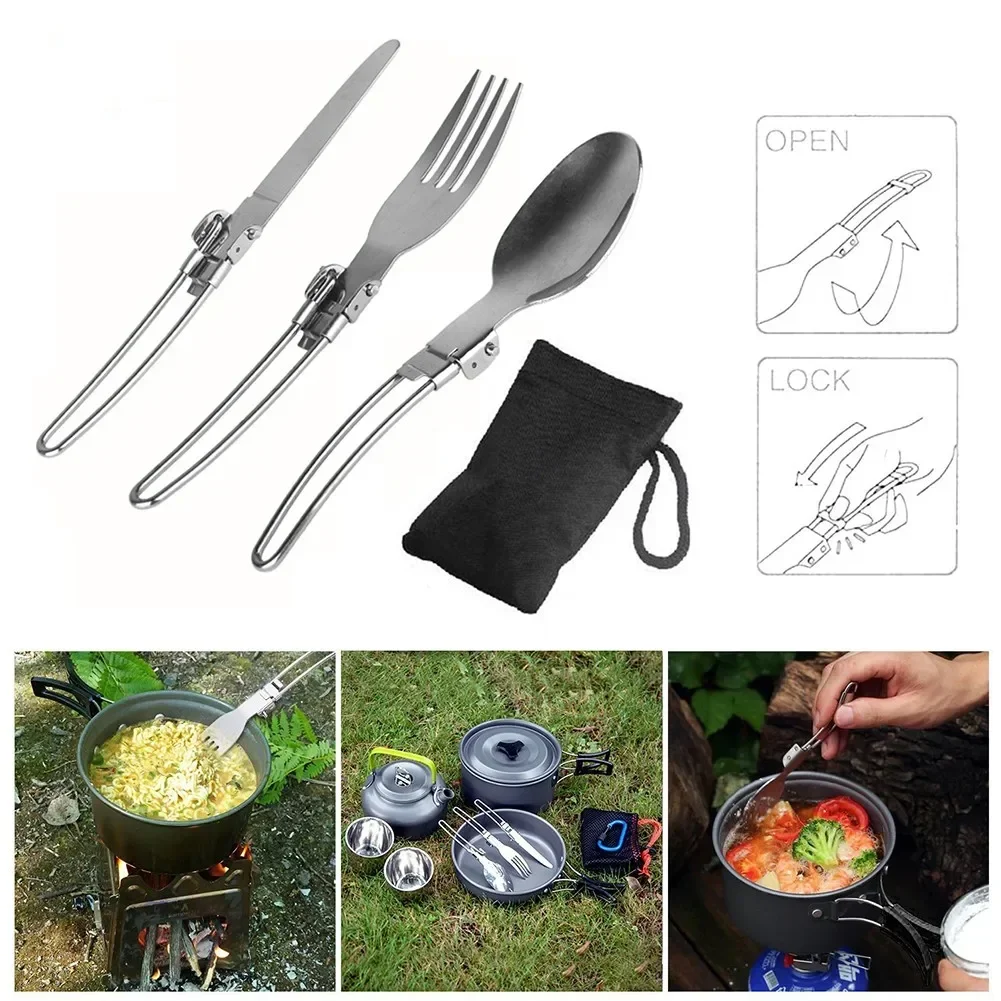 

POTEA Outdoor Camping Picnic Cooking Set Stainless Steel Folding Spoon Fork Flatware Cutlery Set WIth Bag Travelling Hiking Tab