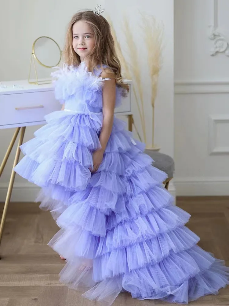 

High Low Flower Girl Dresses For Wedding Long Train Toddlers Pageant Gowns Tulle Tiered Birthday Party First Communion Dress