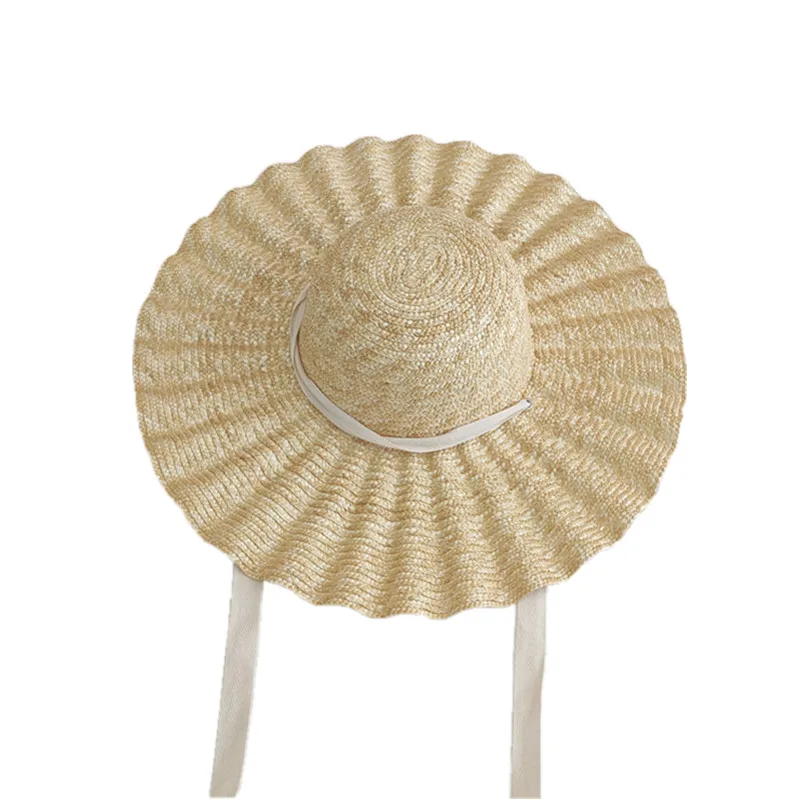 

Celebrity Same Style European And American Style Wavy Edge Wheat-straw Hat Lace-up Dome Big Brim Beach Hat Sun Hat For Women