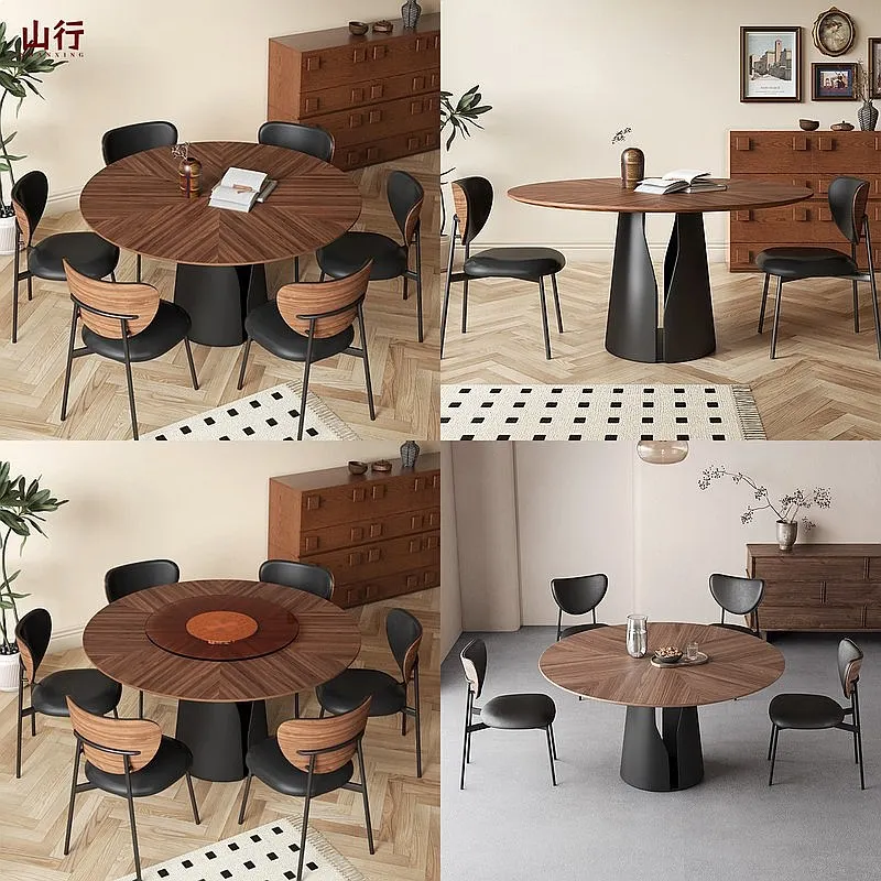 Vintage Solid Wood Round Dining Table with Lazy Susan, Black Walnut Inlay, Mid-Century Modern Style for Small Spaces