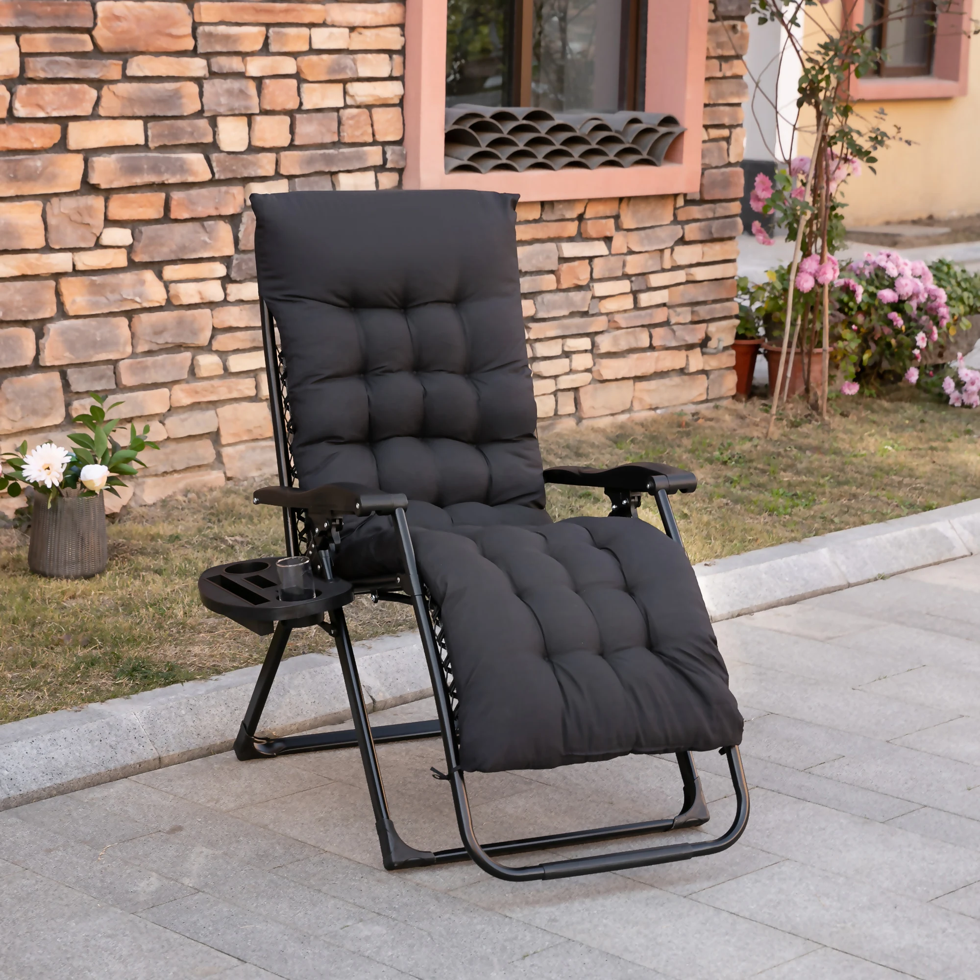 

Zero Gravity Folding Patio Recliner, Cushion, Reclining Chair, Cup Holder Black