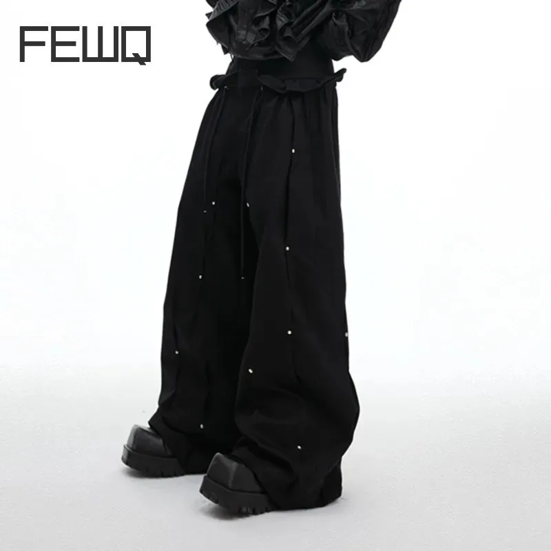 FEWQ Niche Deconstruction Pleated Metal Rivet Casual Pants Wide Leg Loose Work Pants Solid Color Darkwear Male Trousers 24E2145