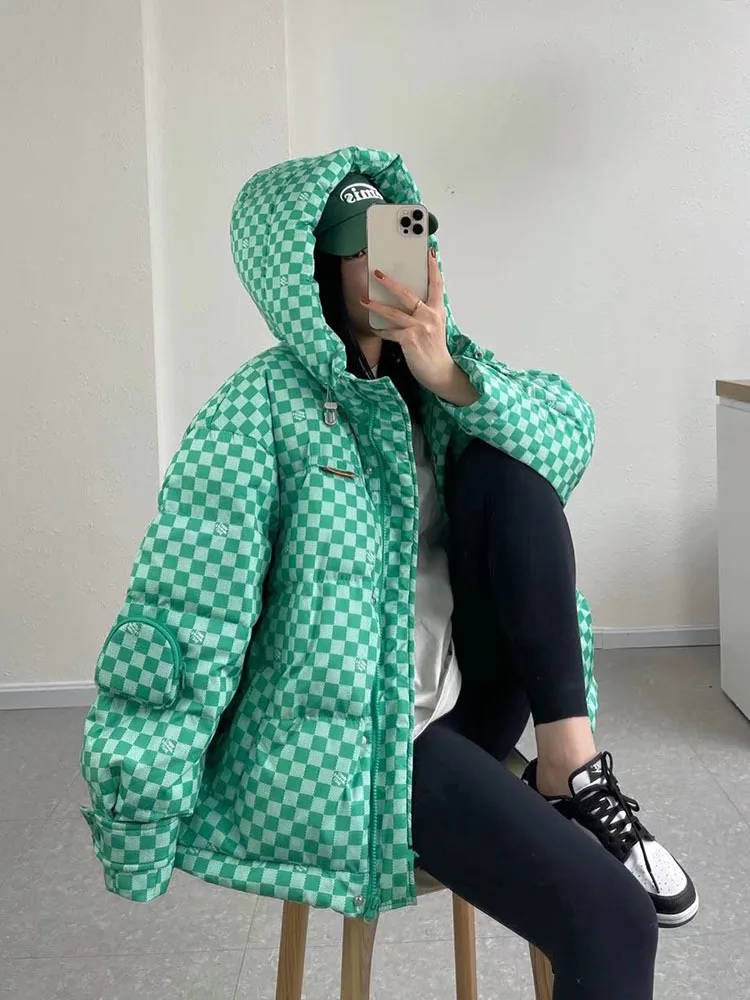 White Duck Down Warm Jacket Women Winter 2023 New Loose Checkerboard Thicken Hooded Parkas Coats Female Harajuku Down Jackets