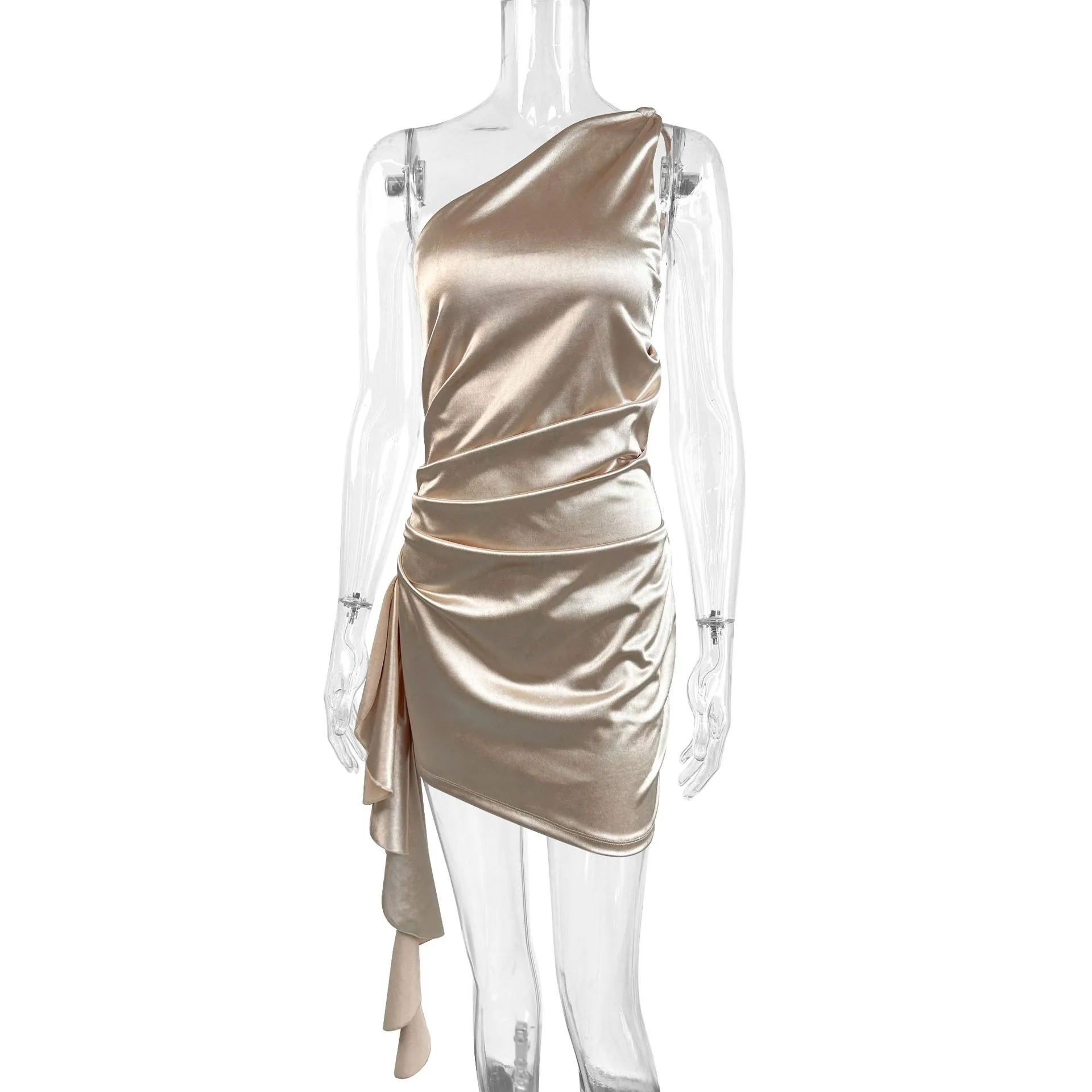 Pull on Bodycon Gown Mini Length Elegant with Patchwork Mid Waist Asymmetric Neckline Slim Fit Short Dress Summer for Women