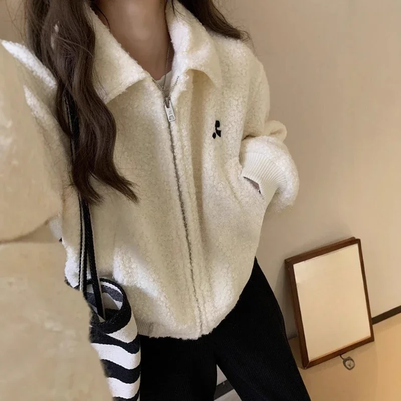 

Autumn and Winter Beautiful Lamb Wool Coat Women's Casual Letters Thickened Versatile Small Lapel Zipper Jacket Top