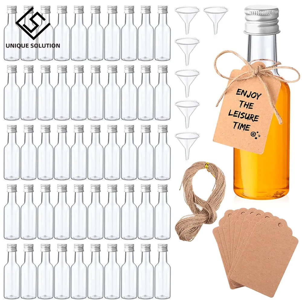 120 Pcs 50ml Mini Plastic Liquor Bottles Set, Spirit Bottles Alcohol Shot Bottles with Caps,Kraft Tags with Ropes for Party