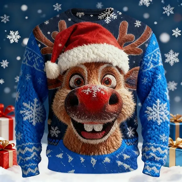 Ugly Christmas Sweater Style 3D All Print Long Sleeve T Shirt Men Women Unisex Funny Red Nose Reindeer Xmas Holiday Party Tops
