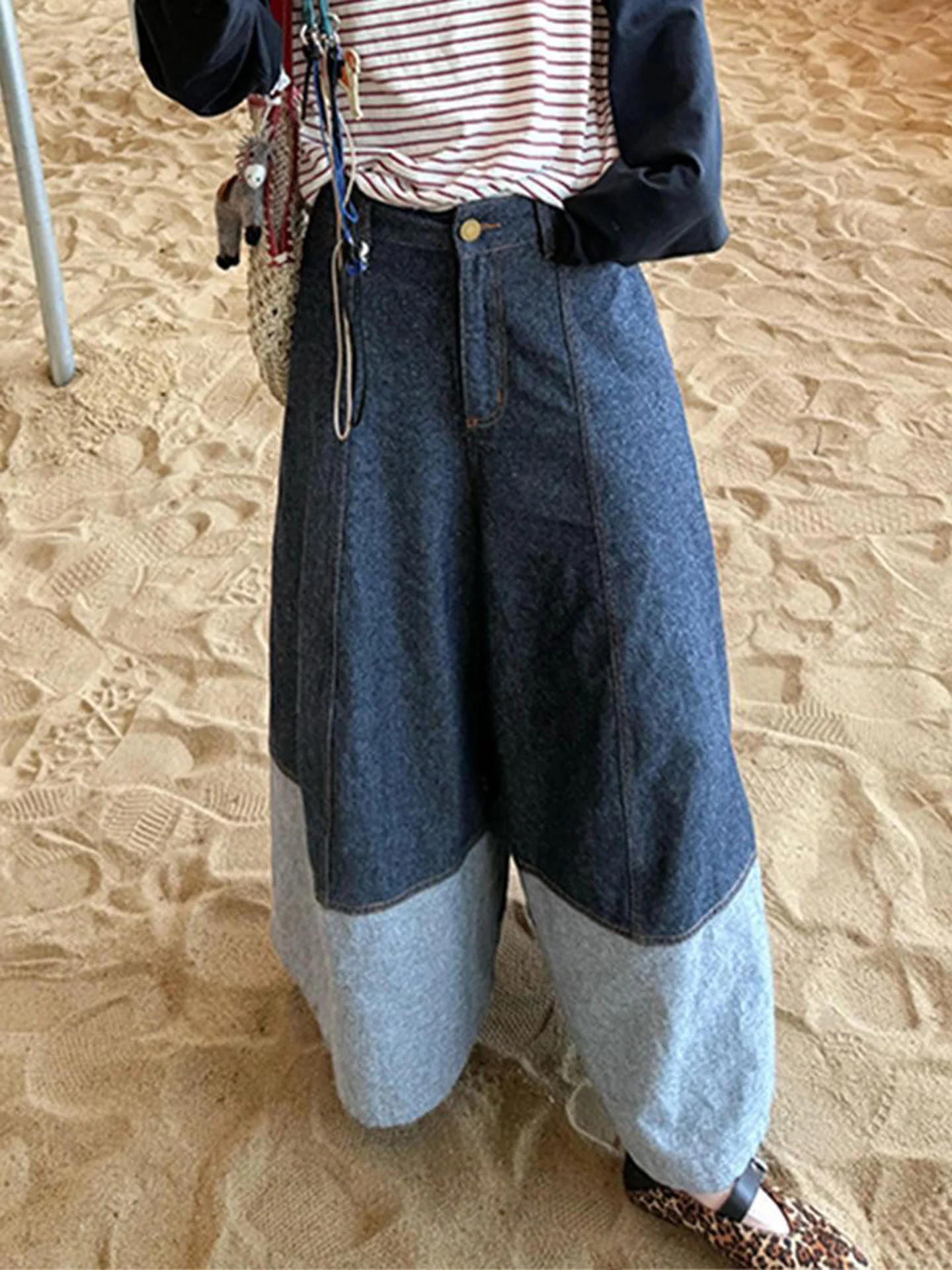 American High Street Heavy Duty Design Sense Patchwork Denim Pants Women's Fashionable Autumn New Wide Leg Skirt Pants Trendy
