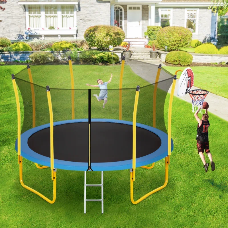 

12 Feet Children's Round Outdoor Recreational Trampoline Contains A Secure Seine Net and Basketball Rack for Easy Assembly