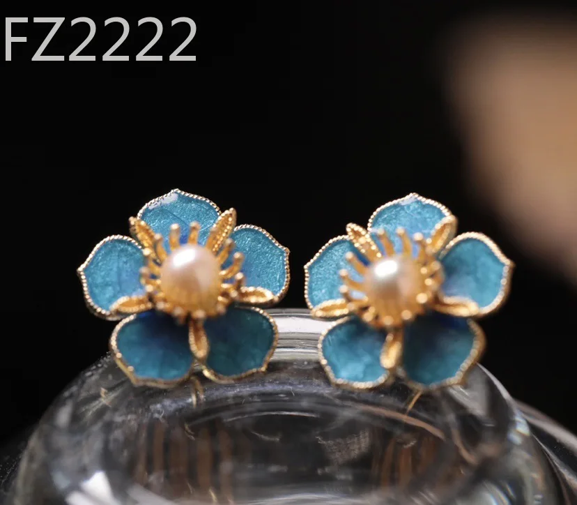 

Small peach blossom stud earrings, ancient enamel colored ear burnt blue jewelry, daily Hanfu accessories