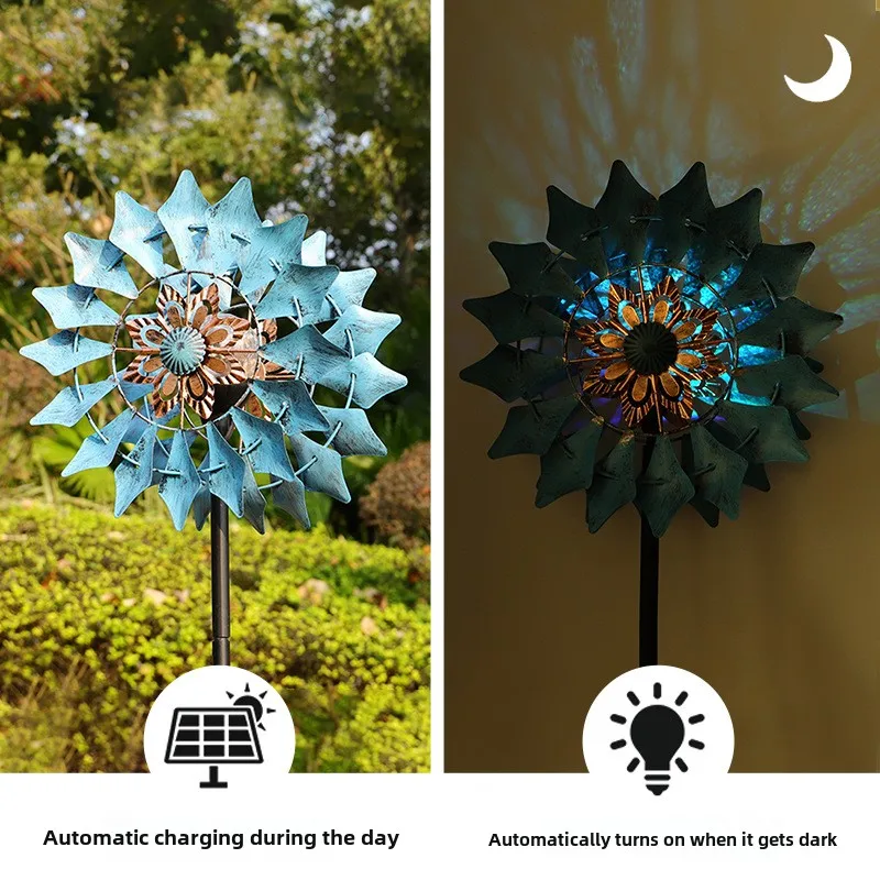 Outdoor Solar Glow Windmill Garden Lawn Decoration Yard Metal Crafts Fashion Classic Landscape Lights Iron Windmill Decoration