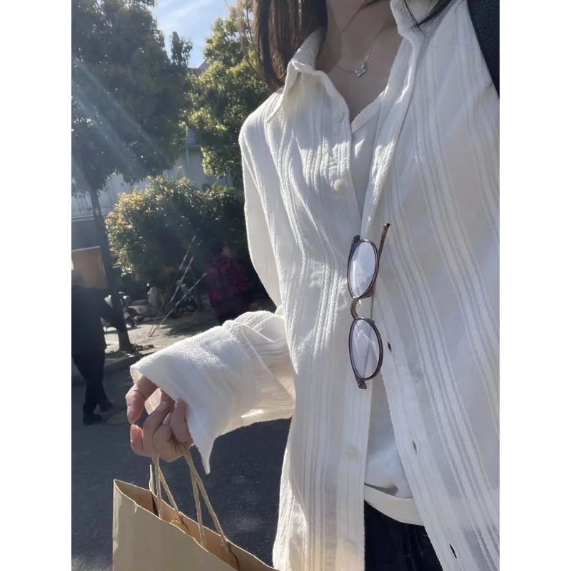 INS Fashion Design Spring Autumn Lazy Style White Striped Women's Shirt Single Breasted Blouse Long Sleeve Top Casual Outerwear