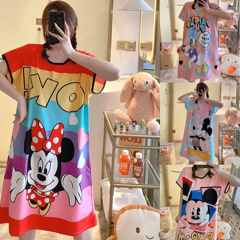 Nightdress Women Summer Color Mickey Cartoon Loose Nightgown Mid-Length Home Service Skirt Casual Nightdress