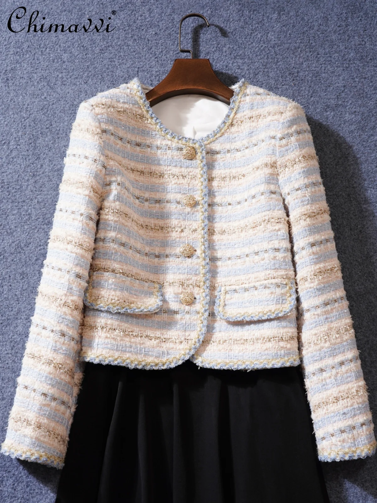 

French Elegant Socialite Tweed Short Coats Fashion Versatile Round Neck Long Sleeve Single-breasted Straight Jacket Women Winter