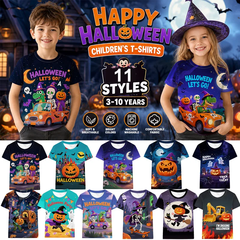 Little Hand Kids Boys Summer T‑Shirt Milk Silk Full Digital Print Skeleton Excavator Halloween Theme Short Sleeve Tops 3-10T