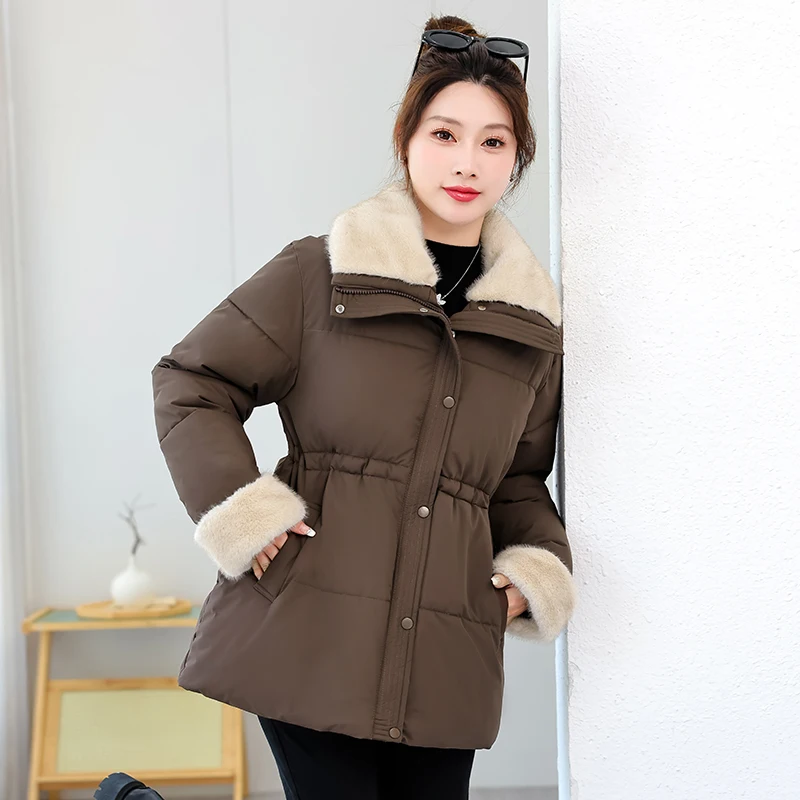 

Faionable Thiened Winter Down Cotton Jaet Женское пальто Sli с застежкой на талии Длинное светящееся пальто на молнии средней длины