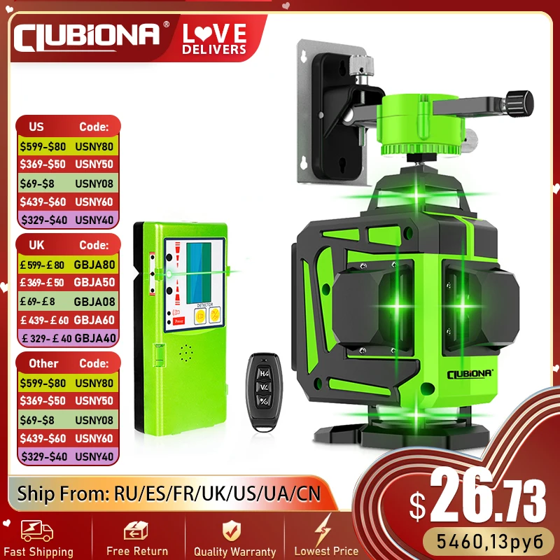 Clubiona 16/12 Lines Laser Level green line Self-leveling 360 Horizontal And Vertical Super Powerful green Beam Laser Level