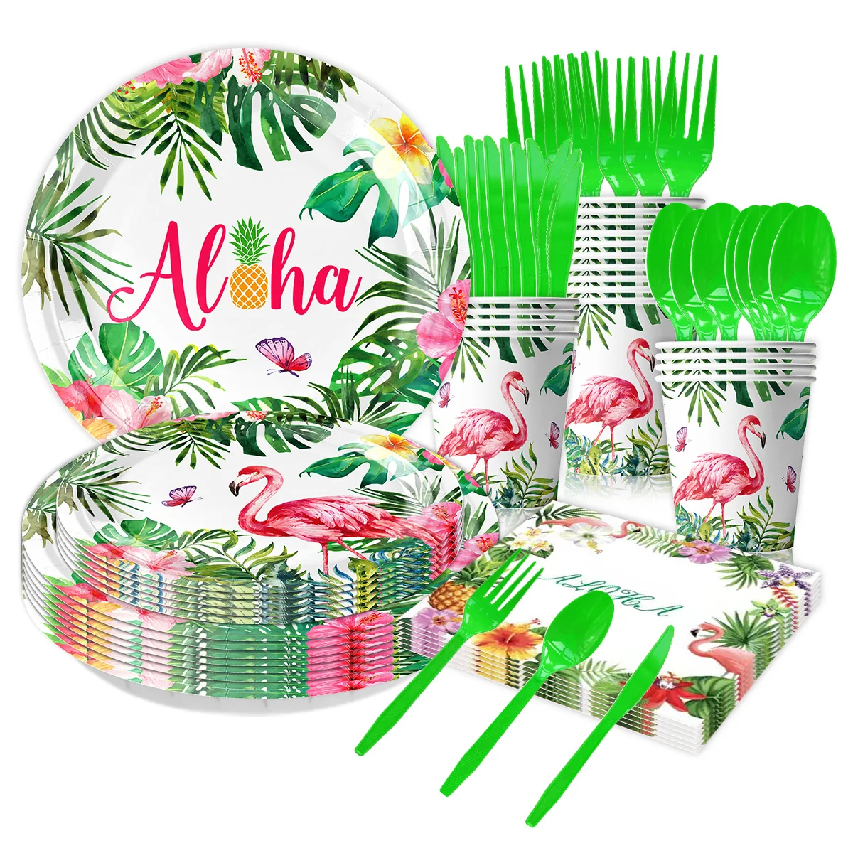 Hawaiian Flamingos party cutlery decorations Tropical Luau theme party birthday paper cup set