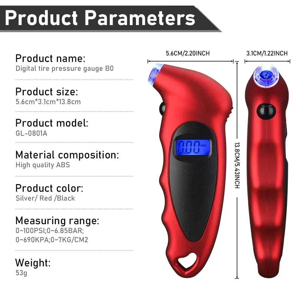 Portable Car Mini Digital Tire Gauge Motorcycle Bike Tire Diagnostic LCD Display Tire Pressure Monitoring System Tool PSI Kpa