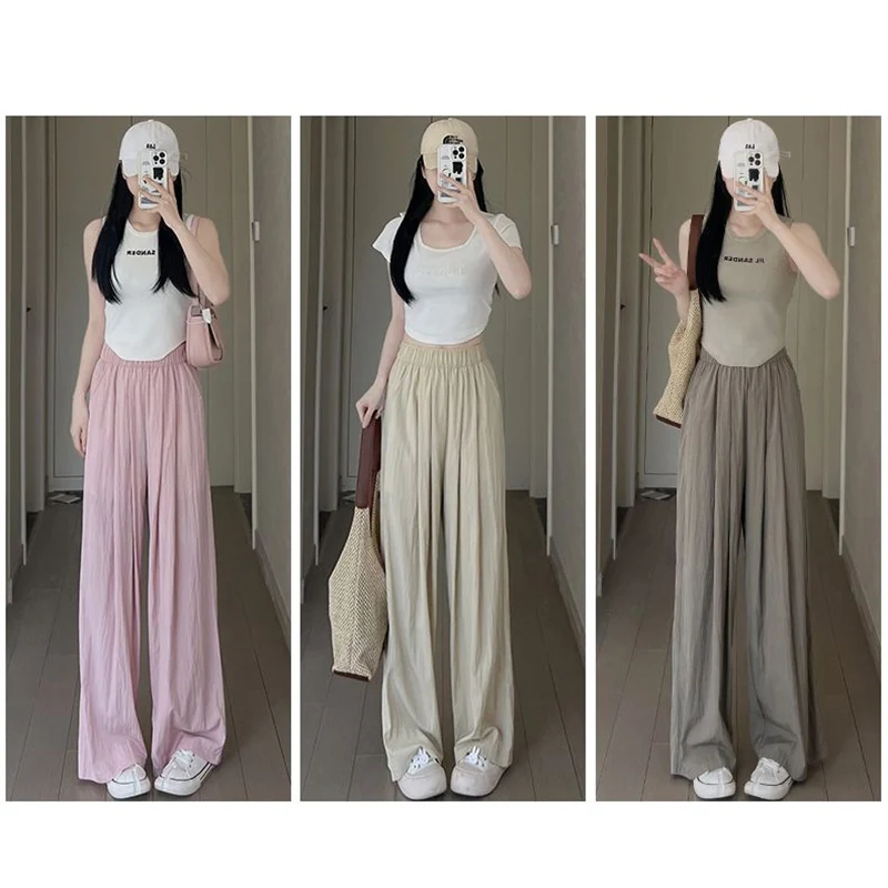 2024 Summer Women Leisure Colorful Pants Lady Baggy Wide Leg Ice Silk Trousers Female Fashion High Waisted Straight Leg Slacks