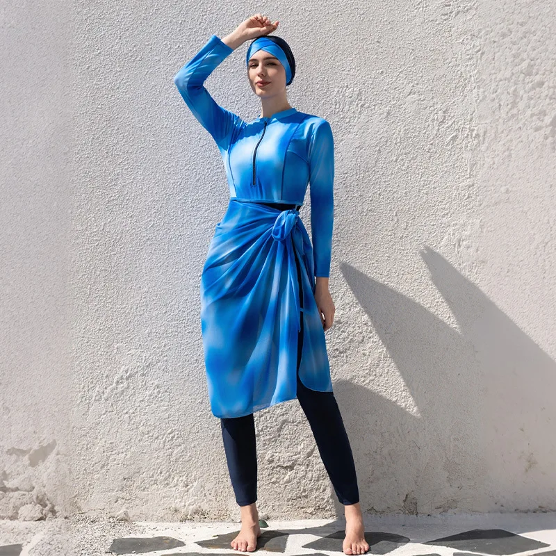 3‑Piece Gradient Blue Muslim Burkini Swimwear Long Sleeve Zipper Top Chiffon Wrap Skirt Pants Hijab Modest Women Beach Swimsuit