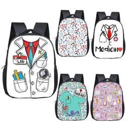 Bonito médico enfermeira uniforme impressão mochila crianças sacos de escola médica estetoscópio seringa criança saco pequeno saco do jardim de infância do miúdo