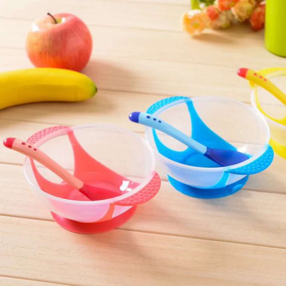 

2 Pieces Baby Feeding Bowl Spoon Set Suction Plates Toddler Dishes Temperature Sensing Anti Tip PP TPE Infant