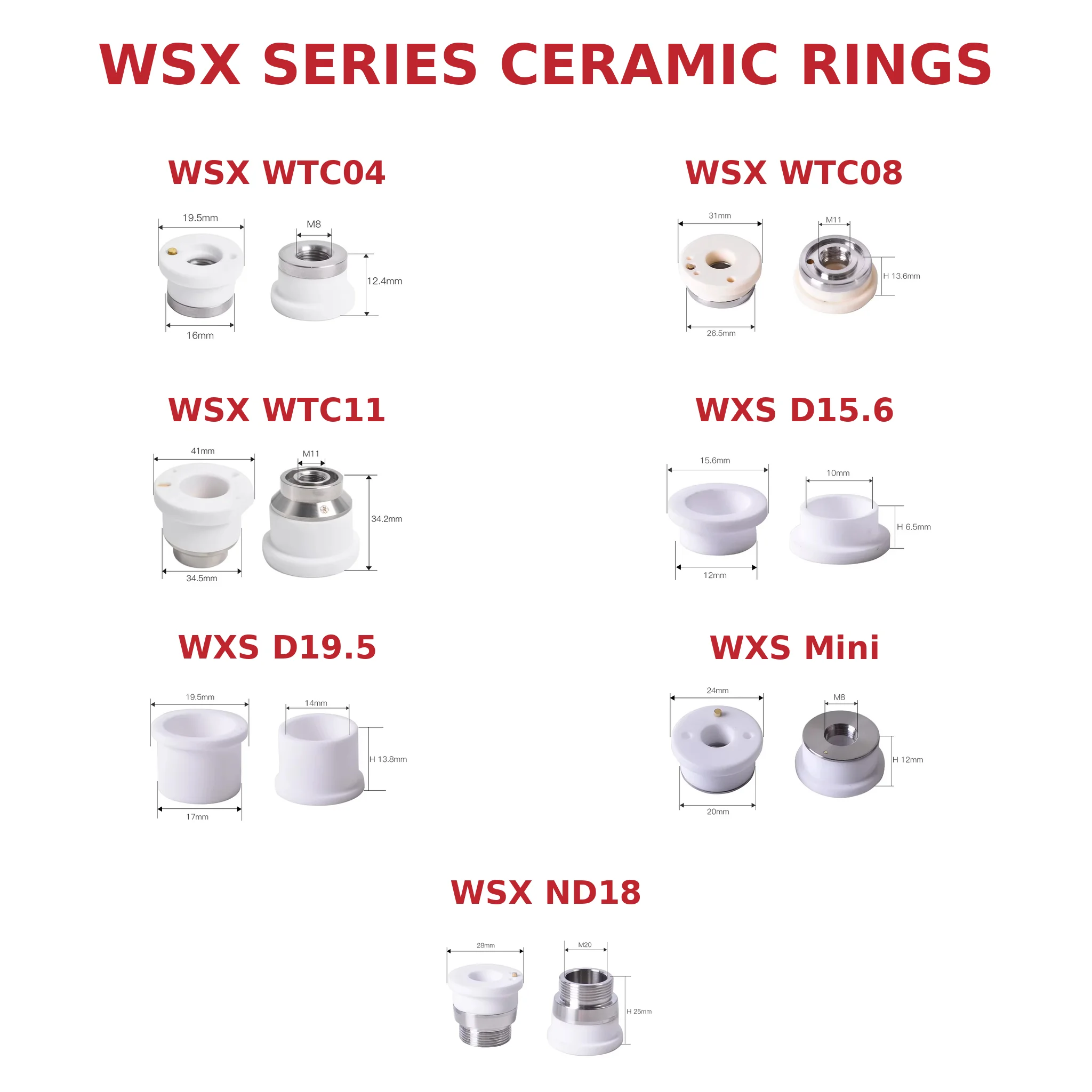 WSX Laser Ceramic Ring WTC04 WTC08 WTC11 ND18 Mini D15.6 D19.5 M8 M11 M20 Nozzle Holder for Fiber Cutting Head Replacement Parts